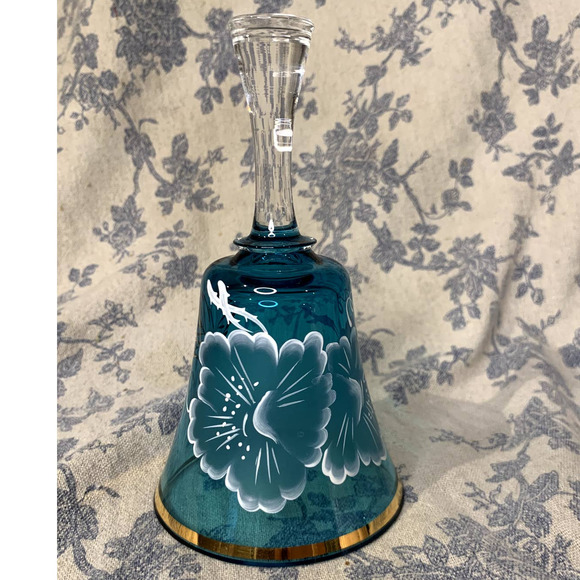 Vintage Blue Glass Bell with Painted Flower - Picture 1 of 11